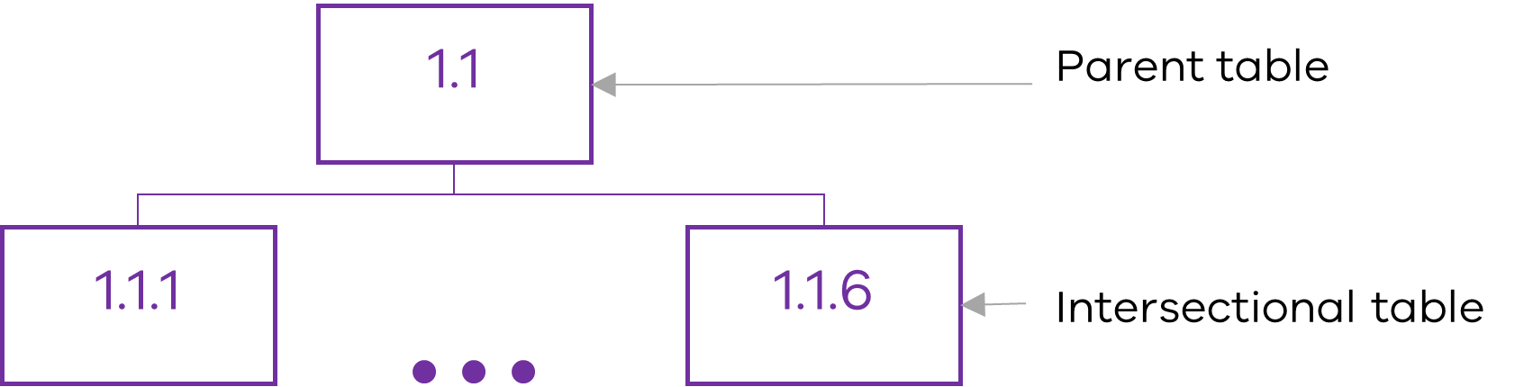 Diagram showing that non-intersectional parent table 1.1 relates to intersectional tables 1.1.1 through 1.1.6