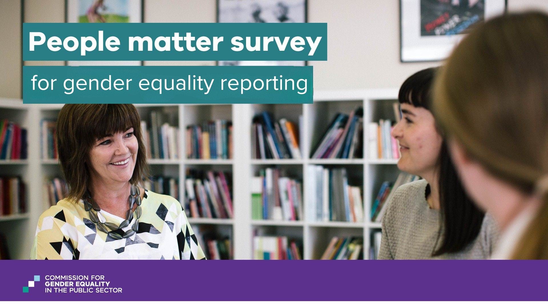 Three women smiling in a library, with the heading text