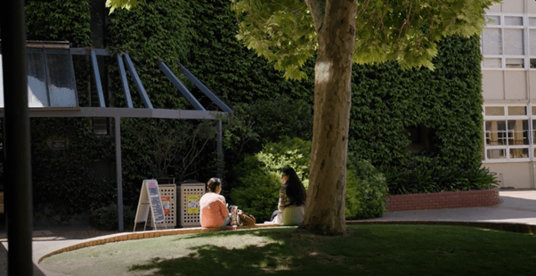 A GIA at Melbourne Polytechnic - Campus security Two people sitting under a tree outside in a courtyard at Melbourne Polytechnic